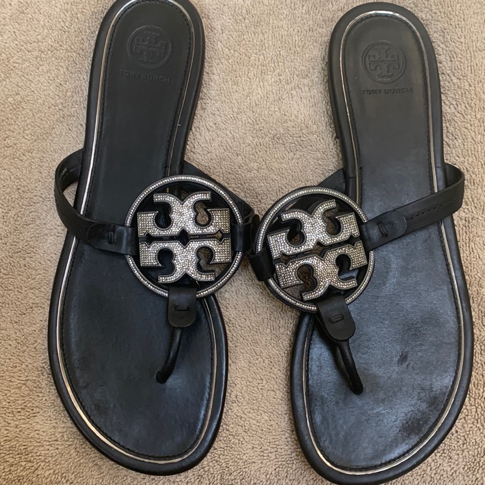 Tory Burch Black Leather Logo Thong Sandals with Crystal Logo Medallions
